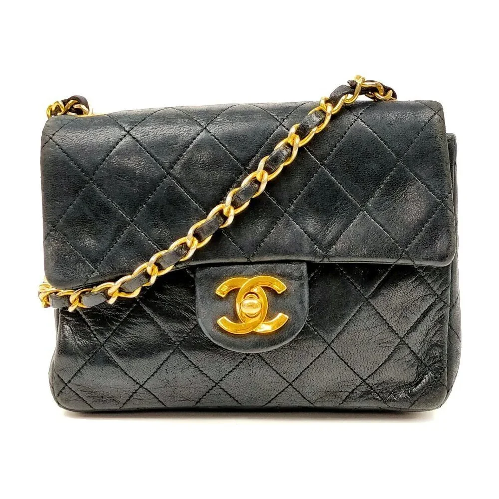 Chanel Mini Square Flap Matelasse Black Lamb Leather Shoulder Bag